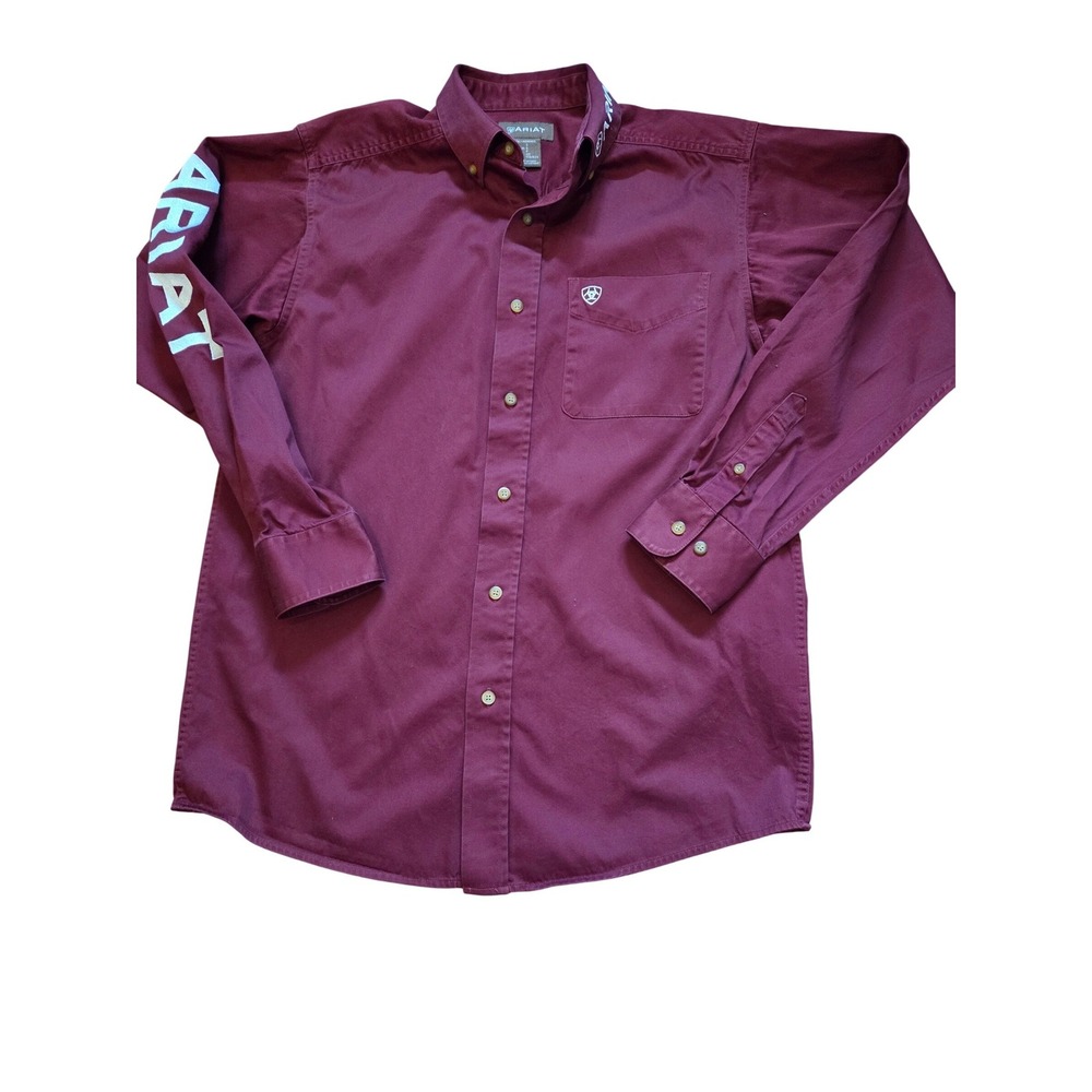 Ariat Men Long‎ Sleeve Button Down Shirt Burgundy Logo Pocket Size S